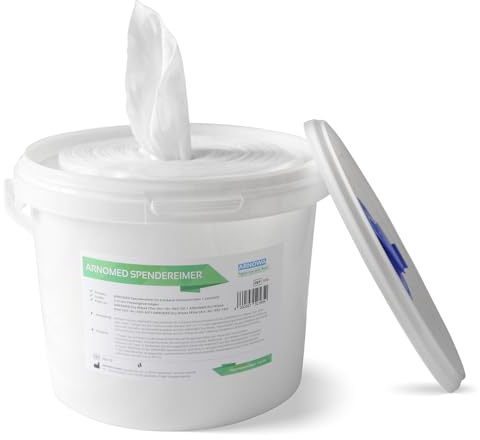 ARNOMED Desinfektionsmedel torra våtservetter med dispenserhink, 90 torra våtservetter för ytdesinfektion, non-woven våtservetter inklusive dispensersystem, rengöringsservetter