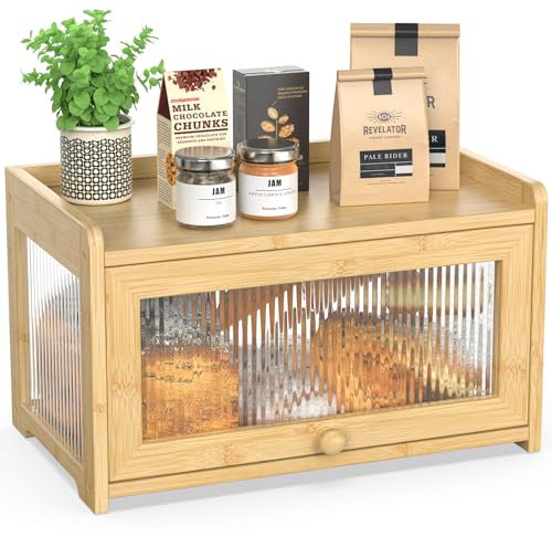 BAMBANG Bamboo Bread Bins for Kitchen, Wooden Bread Box Storage Container Box with 3 Sides Wavy & Back Clear Window, Large Breadbin Breadbox for Homemade Bread, Natural