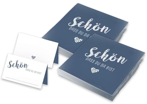 itenga Tischdeko Set - Servietten Schön dass du da bist 30 x 30cm 3-lagig 40 Stück und 48 passende Tischkarten für Kommunion Konfirmation Hochzeit Taufe und andere Feiern (dunkelblau)
