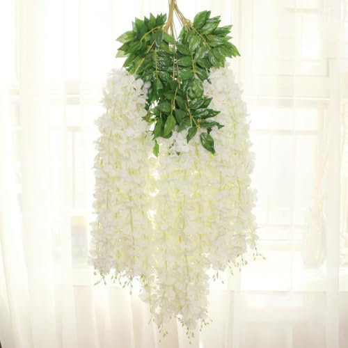 Whakano Set di 12 fiori di glicine artificiali, 115 cm, ghirlanda decorativa finta edera, da appendere, per cucina, altalena, matrimonio, giardino, casa, feste, Natale, decorazione da parete, bianco