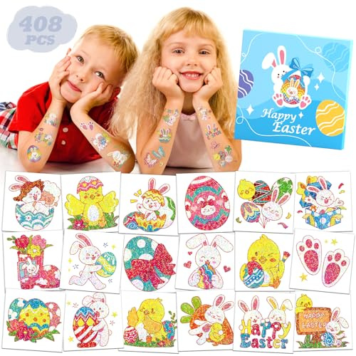 Leesgel Oster Glitzertattoos Kinder, 408 Stück Verpackt Eier Deko Geschenk | Hautfreundlich Wasserfest, Glitzer-Effekt, 408 verpackte Ostermotive, Ostereier Deko, Ostereiersuche, Geschenk, DIY