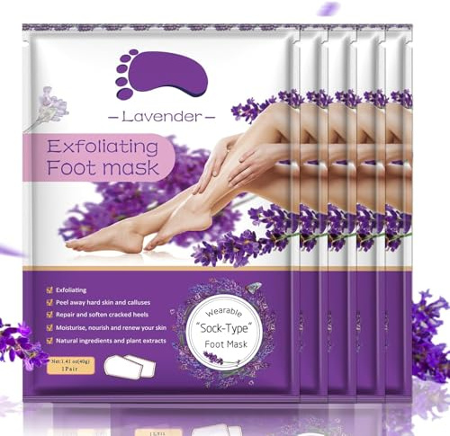 Foot Peeling Mask 5 Pack, Foot Peel Mask Remove Dead Skin, Rough Callus and Cracked Heels, Dry Skin Moisturizer for Soft and Smooth Baby Touch Feet (Lavender)