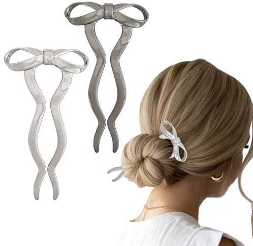 LunarCharm 2 Stück französische Haargabeln im Vintage-Stil für Damen, große Schleife U-förmige Haarnadeln aus Metall, mittellanges Haar-Accessoire für Damen, Silber und Schwarz