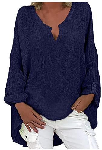 AEGJEGVD Chemisier Femme en Coton Lin Chic et élégant Baggy Chemise à Manche Longue Décontracté Blouse Ample Printemps Eté Tunique Femme Longue Col V Oversize Top Haut Lâche Respirant Chemise Soldes
