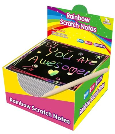100Pcs Scratch Art Paper für Kinder Kratzbilder Rainbow Magic Scratch off Papierkunst und Bastelset Scratch Note Schwarze mit 7 Holzstift Kratzbild Set zum Zeichnen und Basteln für Jungen Mädchen DIY