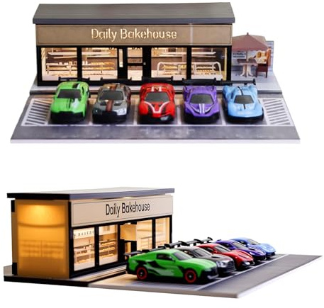 1:64 Diecast Model Car Display Case, Stackable LED Parking Garage Diorama, Compatible with 1/64 Scale Mini Alloy Toy Cars, 5 Outdoor Parking Lots