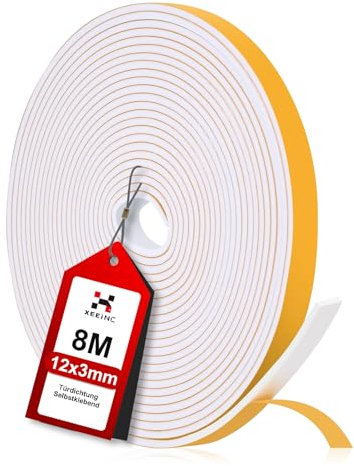 XEEINC Bande d'étanchéité autocollante pour portes, 12 mm (l) x 3 mm (D) - En mousse - Pour porte et fenêtre - Contre le froid - Anti-collision - Insonorisation - Étanche à la poussière - Blanc - 8 m