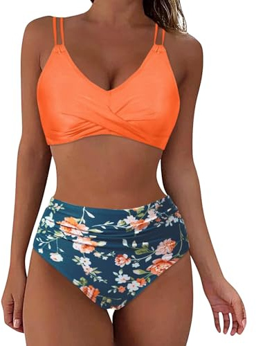Generico Dam Brasiliansk baddräkt push-up kurvig bikini set sexig sommar hög midja strandkläder tvådelad klassisk triangel varm koordinerad justerbar surfing baddräkt pool, Apelsin, S