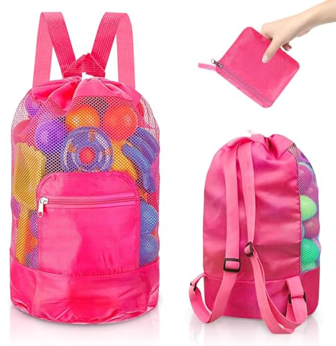 HWJPDMBD Strandspielzeug Tasche Strandtasche Mesh Beach Bag, Wasserspielzeug Rucksack Beutel, netztasche sandspielzeug, sandspielzeug tasche, Faltbare, Für Familie Urlaub Badetasche Groß(Rosarot2)