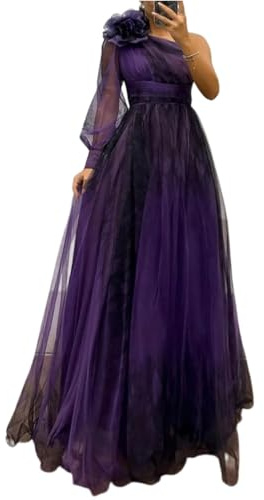 Générique Robe Femme Épaule Asymétrique et Manches Longues en Tulle Imprimé Fleuri avec Bretelles Robe Plage et Fêtes d'Été de Vacances