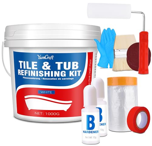 Tub and Tile Refinishing Kit, 35oz/1000g Tile Paint with Tools and Hardener - Semi-Gloss White Bathtub Paint for Bathroom, Countertop, Wash Basin, Kitchen, Porcelain, Floor, Easy to Use, 55-60sq.ft