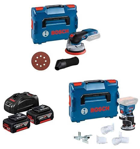 Bosch ponceuse excentrique sans-fil GEX 18V-125+ Bosch Starter-Set Batteries : 2 Batteries GBA 18V 5.0Ah + Chargeur Rapide Gal 1880 CV + Bosch Professional 18V System Défonceuse portative GKF 18V-8
