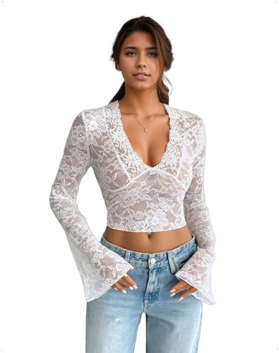EMOTTOS Top Crop Y2K Femmes, Haut Sexy Semi-Transparent Dentelle Florale Maille Manches Longues évasées ajourées Coupe ajustée Encolure V échancrée élastique Extensible, Blanc, Taille Unique