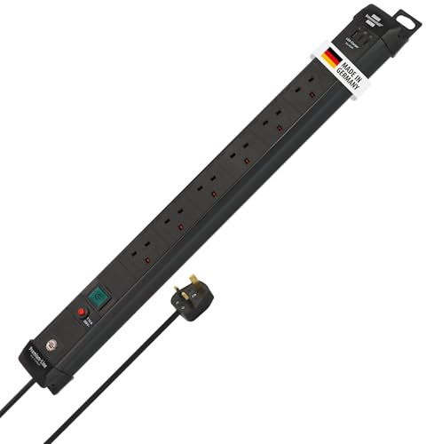 Brennenstuhl Premium-Line 6-way Power Strip with 2x USB C PD 65W and USB A 18W (Made in Germany, Extension Lead with switch, 3m cable and Safety Fuse Button, Power Extension for wall mounting) black