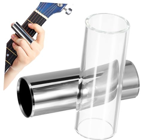 HOODANCOS 2pcs Medium Bottleneck Guitar Slide Glass and Stainless Steel Finger Slides for Electric Bass Acoustic Stringed Instruments Transparent and Silver Sound Enhancers