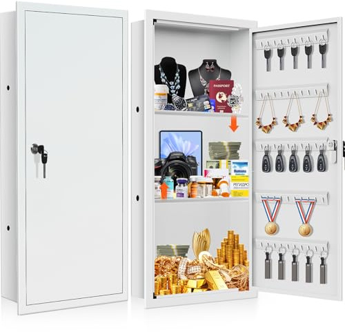 75 cm hoher weißer Wandtresor zwischen den Nieten mit 2 abnehmbaren Regalen, abschließbarer versteckter Safe mit 50 Haken für Schlüssel, Schmuck, in der Wand, Safe für Geld, Medikamente, Wertsachen