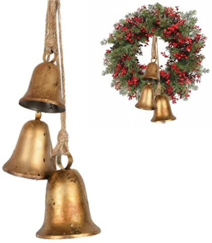 Farmhouse Bells Gold Glocken - Set mit 3 rustikalen Shabby-Chic-Goldglocken, Vintage-Glocke mit Seil zum Aufhängen, für Tür, Garten, Haus, Baumdekoration
