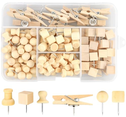 160 Piezas Puntas de Alfileres de Madera, Chinchetas de Madera Natural con Caja de Almacenamiento, 6 Estilos de Chinchetas para Corcho, Mapas, Fotos y Manualidades