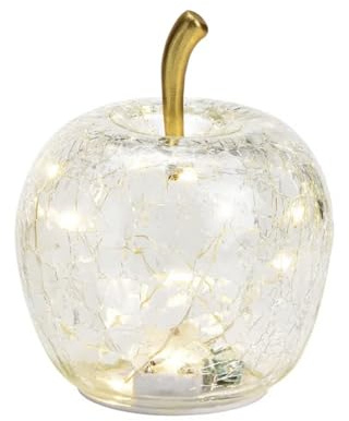 Seyila Home Dekorative Glas Apfel Leuchte mit LED Beleuchtung und Timer (unten), Crackle-Effekt Glas, Goldener Stiel, Weihnachtsdeko, Lampe (Transparent, 22 cm)