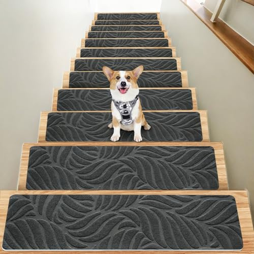 Treppenstufen Matten, 15 Stück Stufenmatten Selbstklebend Innen, 76 X 20cm Anti-Rutsch Treppenteppich Selbstklebend für Holzstufen, Sicherheit Stufenteppich für Kinder, Älteste, Haustiere, Dunkelgrau