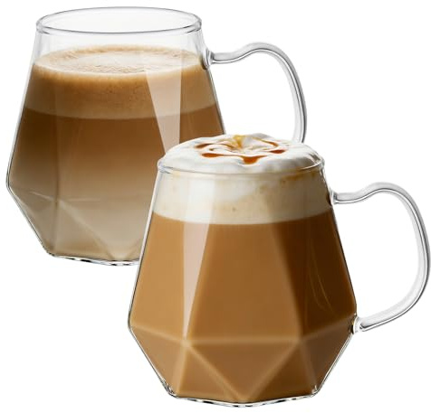 ANZHAN Tazas de Café y Té de Cristal Transparente, Borosilicato Resistente - Juego de 2 Unidades con Asa, Elegante y para Lavavajillas, un Regalo Bonito y Funcional para el Hogar u Oficina