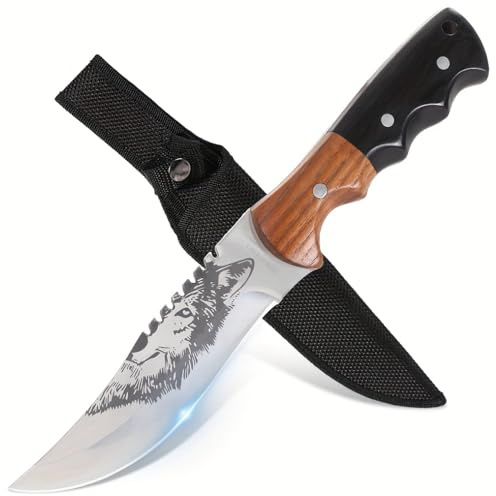 GER-SABER Wolfsmotiv Outdoor Messer 27 cm – Drop-Point-Klinge mit Gravur und Sägezahn, Verzierter Handschutz, Splicing Holz-Griff, Robuster Wald-Begleiter (Lauernder Wolf)