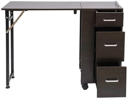 Gdetnysty Enkelt vikbart manikyrbord nagelbord med 3 lådor och 4 rullar bromsar bänkskiva 104 x 38 cm lastkapacitet 100 kg lagringsutrymme för nagelstudio salong kontor hem, Mörkbrun, 104*38*75 cm