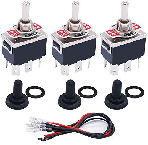 Taiss/3 Pcs Rocker Toggle Switch Heavy Duty 6 Pin 3 Position ON/OFF/ON DPDT 16A 250VAC Spade Terminal Metal Bat Switch with Waterproof Boot Cap + 6.3mm Terminal Wires TEN-1322MX-B203