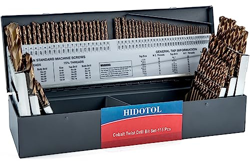 HIDOTOL 115PCS Cobalt Drill Bit Set M35 HSS for Hardened Steel Fractional 1/16-1/2, Letter A - Z, Wire #1 - #60 with Indexed Metal Case