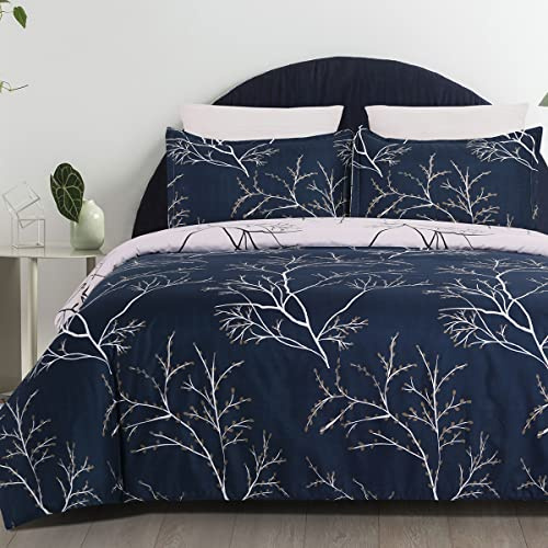 YEPINS Quilt Duvet Cover Set with Zipper Closure and Corner Ties, Plum Blossom/Branch Floral Printed Pattern, Navy and Beige Color, Reversible Design- Brushed Microfiber Super King Size
