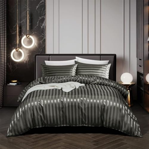 Tospass Housse de Couette Satin 200x200 Gris Gris Foncé Rayures Soyeux Linge de Lit Satin de Soie Brillante Parure de Lit Adulte 2 Personnes avec Fermeture éclair et 2x65x65cm Taies d'oreiller
