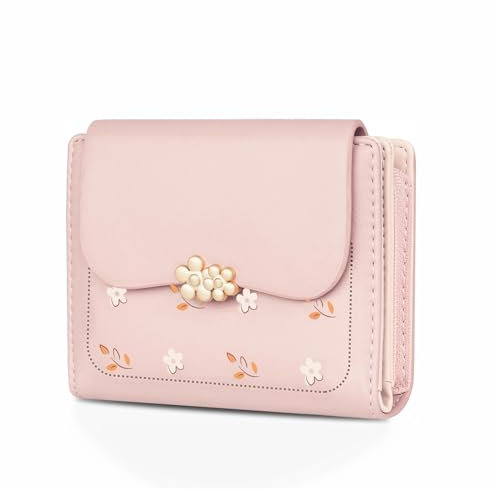 Yupneih Blumen Geldbörse Damen klein, Damen Portemonnaie klein für Frauen mit Großes Münzfach, Mini Portemonnaie Damen klein Zipper Brieftasche (Hellrosa)