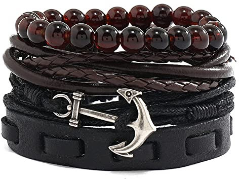 SMTSEC Lederarmbänder,Schwarzes Lederarmband Set Mehrschichtiges Geflochtenes Armband Rote Onyx Perlen Perlen Armreif Vintage Anker Charm Wickelarmbänder für Männer Frauen