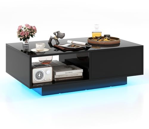 RELAX4LIFE Tavolino da Caffè Moderno 95x55x31cm, con 20 Luci LED Regolabili e Telecomando, in Legno con Finitura Lucida, Cassetto a Pressione e Ripiano Aperto, per Soggiorno o Ufficio, Max 65kg (Nero)