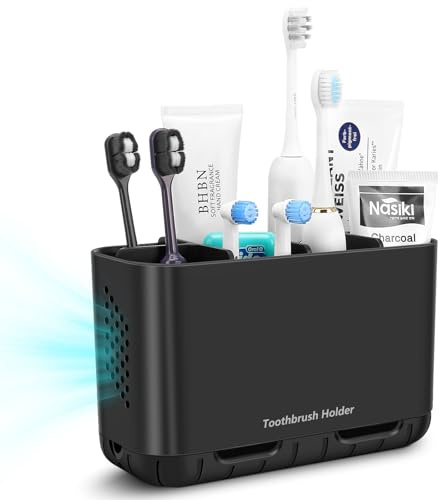 toprance Schwarz Zahnbüstenhalter 6 Fächern Zahnbürstenhalter Elektrische Zahnbürste mit Auffangschale, Groß Zahnbürsten Organizer, Abnehmbar Badezimmer für Familie