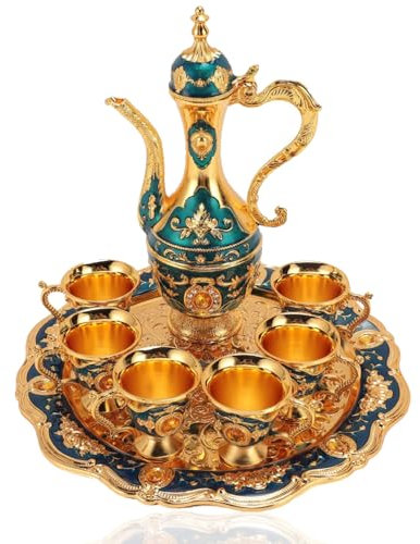 Vintage Türkische Teekanne & Kaffee Set 6 Metallbecher Europäischer Weinkrug Komplettes türkisches Teeservice Antike Kaffeekanne Elegantes Küchengeschirr für Zuhause & Unterhaltung