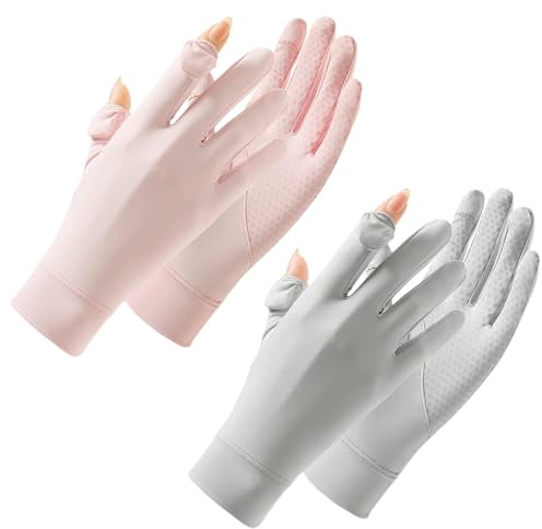SAIIURV 2 Paia Guanti di Protezione Solare UV da Donna Guanti in Seta di Ghiaccio, per Guida Ciclismo Pesca Golf