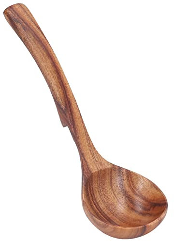 Wooden Ladle, Wood Soup Spoon Ladle Kitchen Serving Spoon with Back Hooks for Pot & Bowl Spoon Tableware Catering Kitchen Tool for Home Kids Cooking Stirring (Large Bend Hook Spoon)