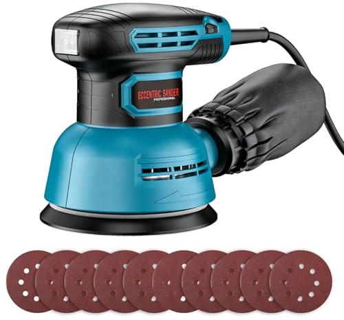 VOBOR 300W Levigatrice Orbitale per Legno, 6 Velocità Variabili, 12000 RPM, 10 Pezzi 125mm Dischi Abrasivi, Polvere Sistema di Raccolta per Levigare e Lucidare il Legno e Acciaio