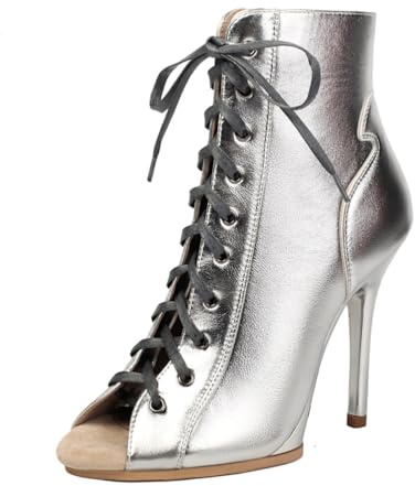 Eestfy Stivaletti Donna Argento Metallizzato Punta Aperta con Lacci Tacco A Spillo Moda Streetwear Festa Sera Look Estivi,Silver pu (8cm),37 EU