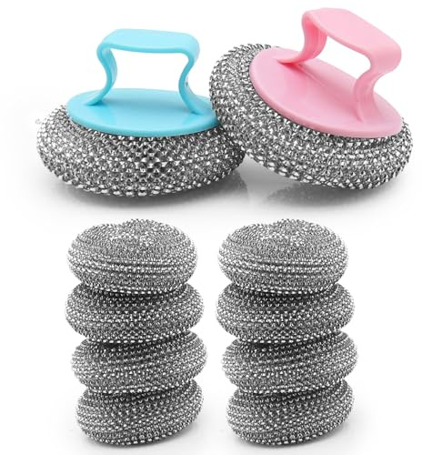 Kitchen Steel Wool Scrubber Set with Handles, 10PCS Stainless Steel Scouring Pads with 2 Easy-Grip Handles（Random Colour）, Heavy-Duty Wire Scourers for Pots, Pans, Hobs, Grills & Kitchen Cleaning