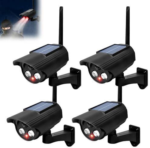 Lot de 4 Camera factice exterieur d'extérieur, Caméra de surveillance factice à énergie solaire avec LED rouges clignotantes, Caméras Fausse d'extérieur caméras de sécurité pour utilisation intérieure