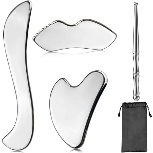 Gua Sha Stone Facial Tool, Gua Sha Sone Set, Stainless Steel Guasha Facial Tools for Jawline Sculpting, Metal Lymphatic Drainage Massage Scraper for Face, Eyes, Neck, Body, with Storage Bag