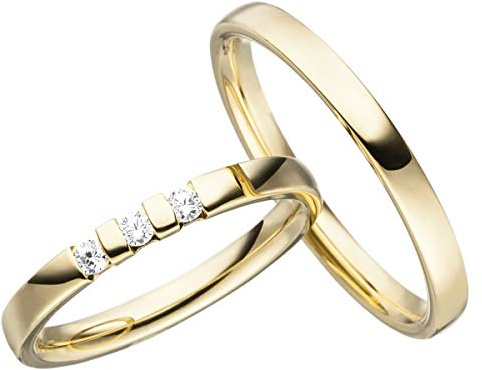 JC Trauringe Silber 925 Paarpreis Eheringe Gold Plattiert I Verlobungsringe 2,5 mm breit I Partnerringe mit Gravur in edler Schatulle I 2 Hochzeitsringe Herrenring & Damenring mit Steinen I LC134-P
