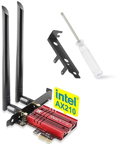 Ubit Tarjeta WLAN de 5400 Mbit/s, WiFi y Bluetooth, Intel AX210 (6 GHz/5 GHz/2,4 GHz/2,4 GHz), tarjeta Wi-Fi PCIe para PC con tarjeta de red Bluetooth 5.3 PCI Express para Windows 10/11 (rojo)