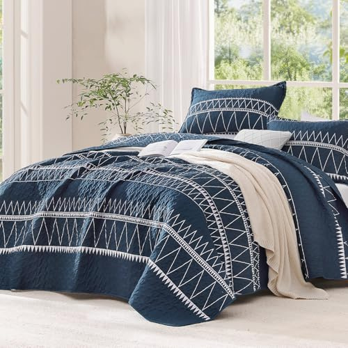Andency Navy King Size Quilt Set, 3 Pieces Boho Lightweight Soft Striped Bedspread for All Season (106x96), Printed Bohemian Polyester Reversible Coverlet Comforter Sets