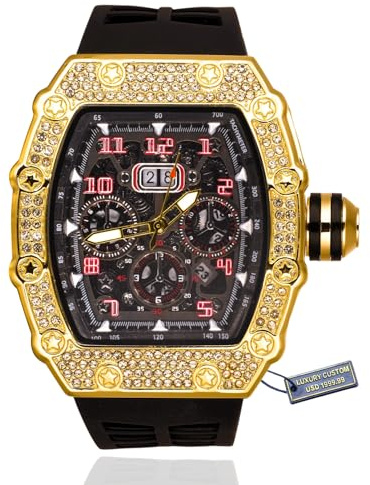 Halukakah Premium Diamant Golduhr für Herren,Luxus 18k Echtgold Plattiert,Wasserdicht,Mechanisch Inspiriertes Zifferblatt Iced Out,Verstellbares Schwarzes Armband,Geschenkbox Inklusive