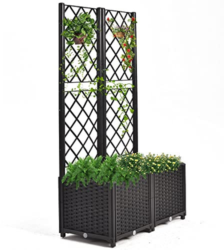 Mingone Rankgitter Hochbeet Pflanzgefäss Blumenkasten mit 2 Pflanzgefäß Wasserspeicher Balkonkasten Rattan Optik für Garten Terrasse 80x40x136cm，Schwarz