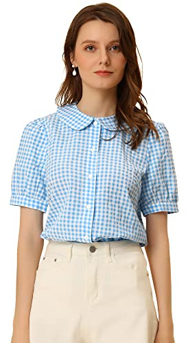 Allegra K Camicia da donna a quadri con colletto alla Peter Pan a maniche corte a quadretti, Azzurro, 48