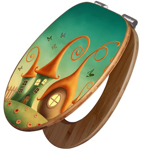 banjado Design WC Sitz Bambus Absenkautomatik 45,8x37,5cm - Toilettendeckel mit Absenkautomatik Holz - hochwertiger Bambus Klodeckel - WC-Sitz für gängigen Toiletten - Motiv Zwergenhausen